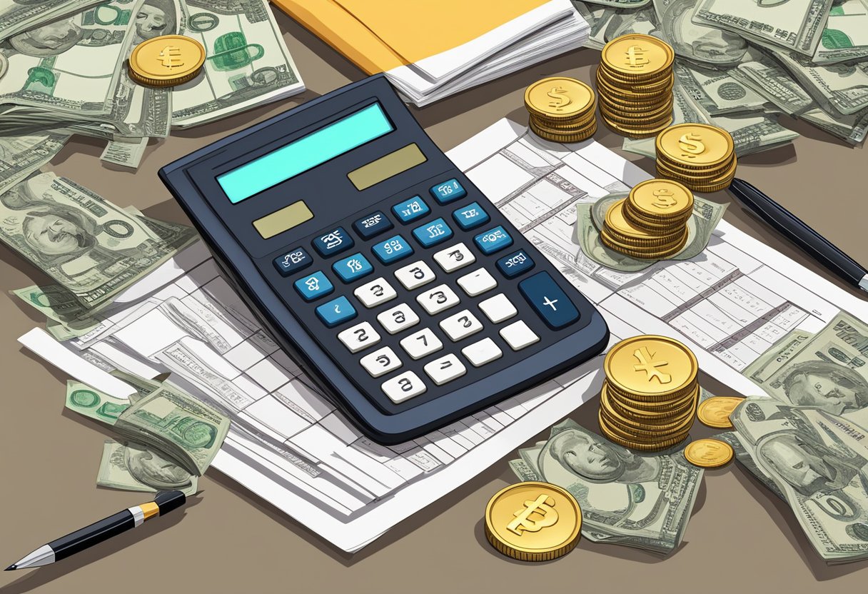 A calculator surrounded by Australian currency notes and coins, with a pay stub and a contract on a desk