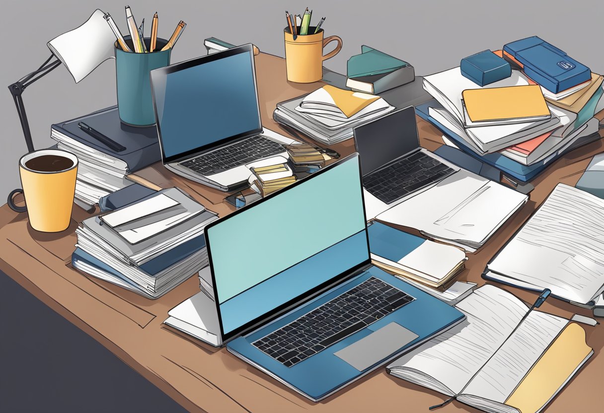 A cluttered study table in Singapore with a laptop, books, and stationery. A stack of papers and a mug of coffee are also visible