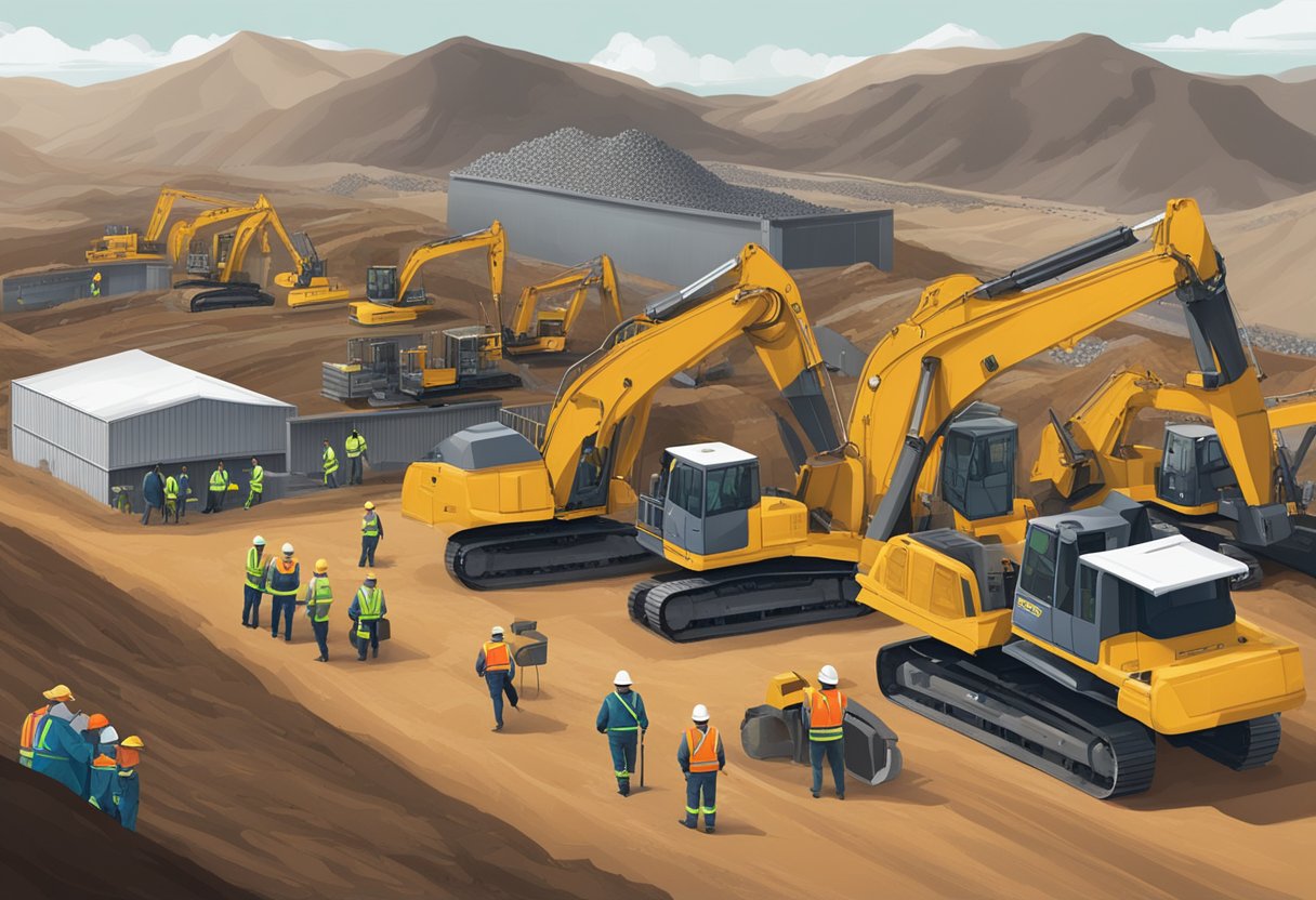 A busy mining site with heavy machinery, workers in high-visibility clothing, and a large roster board displaying shift schedules