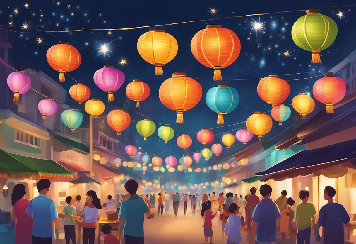 Colorful lanterns light up the streets, while families gather for festive meals. The night sky sparkles with fireworks, marking the celebration of Deepavali in Singapore