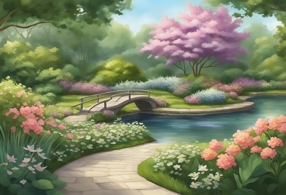 A serene garden with a winding path, blooming flowers, and a peaceful pond, surrounded by lush greenery and calming natural elements