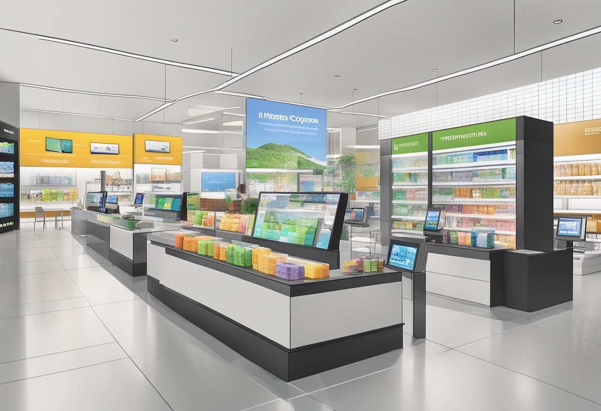 A modern store interior with digital screens displaying product information, and customers engaging with interactive displays at Weston Corp, Singapore