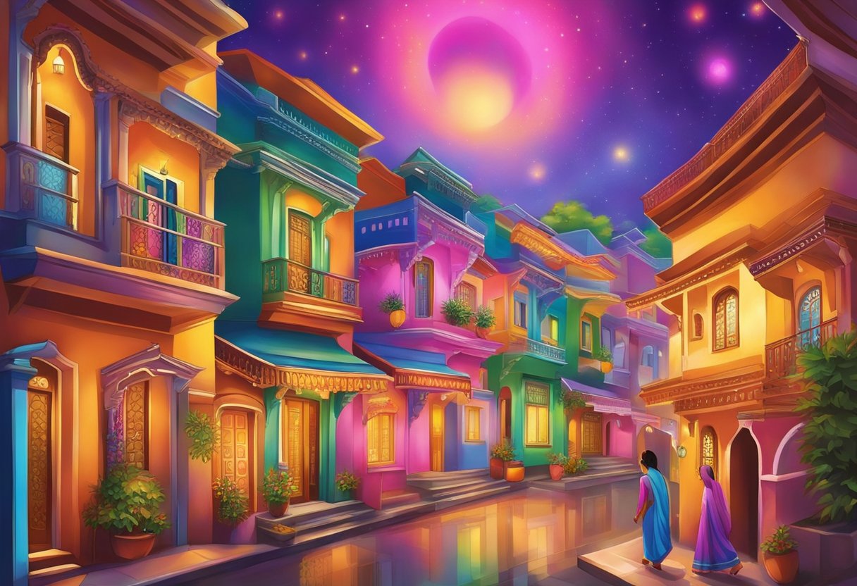 Colorful lights adorn homes, streets, and buildings. A vibrant display of traditional decorations and intricate rangoli patterns. Festive atmosphere fills the air