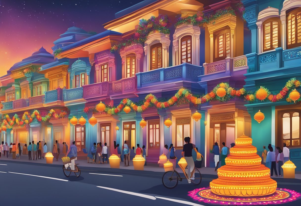 Colorful Deepavali decorations adorn the streets of Singapore, with vibrant lights, intricate rangoli patterns, and traditional symbols creating a festive atmosphere