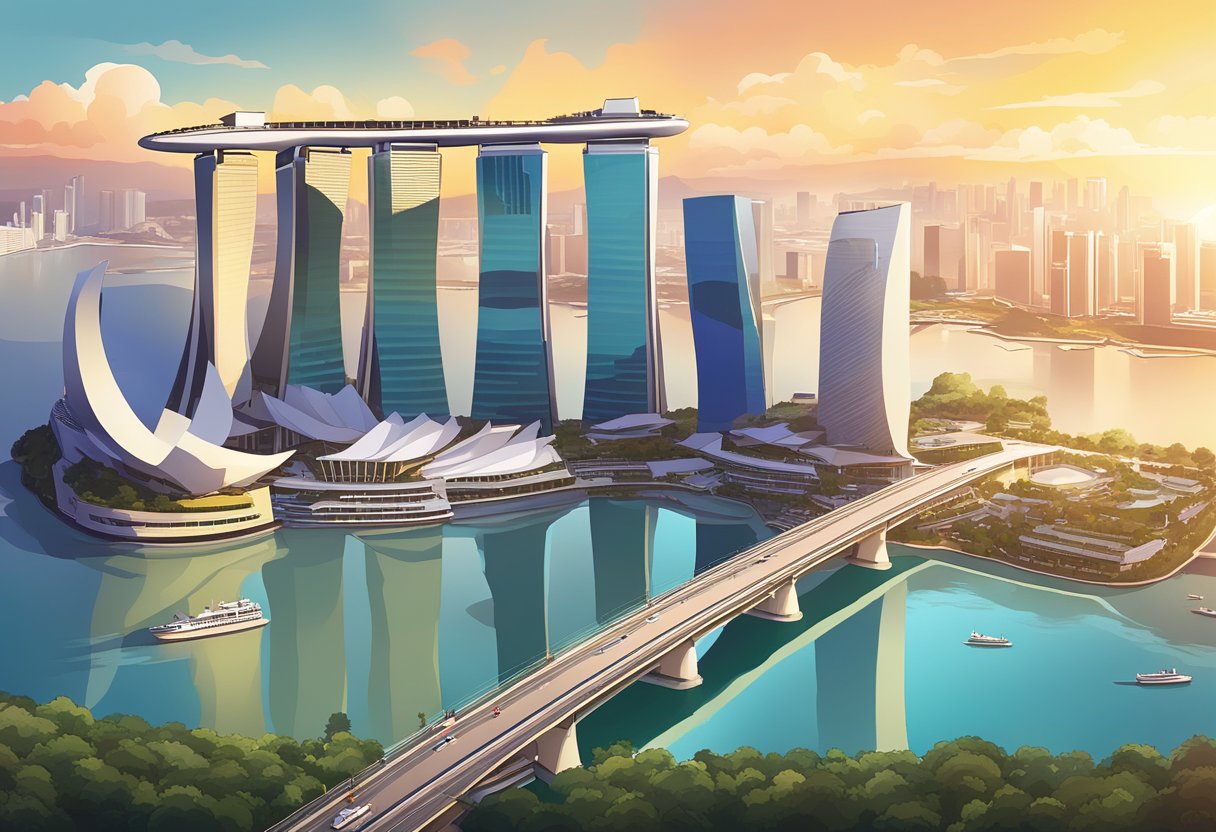 Aerial view of Marina Bay Sands and the Singapore skyline at sunset