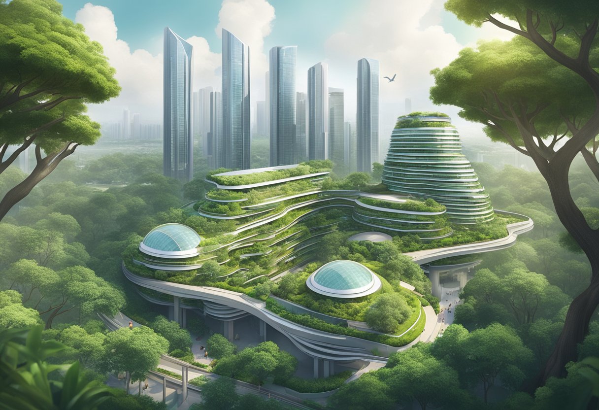 A bird's eye view of the futuristic architecture of Vue Singapore, with lush greenery and a bustling cityscape in the background