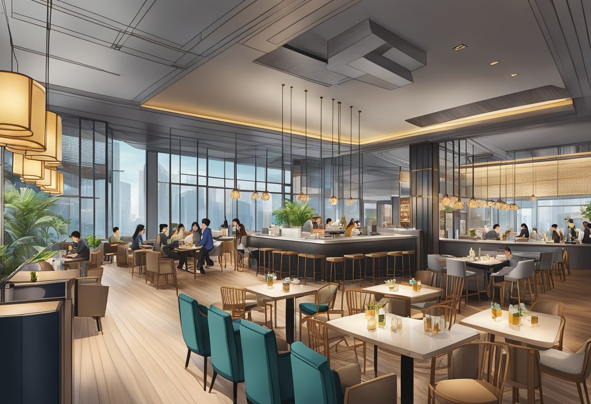 The bustling atmosphere of Vue Singapore with its modern decor and diverse menu options