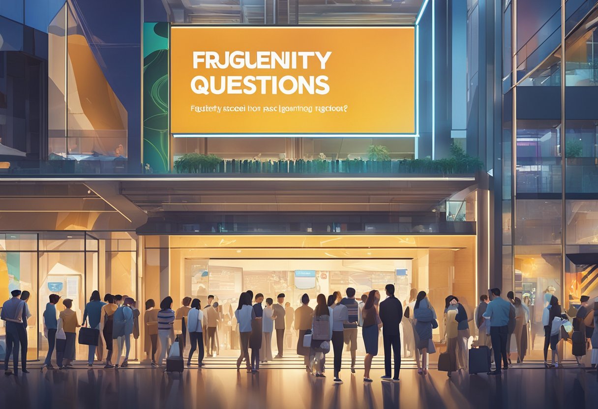 A bustling crowd surrounds a large sign reading "Frequently Asked Questions" at the entrance of Vue Singapore. The vibrant atmosphere is filled with excitement and curiosity