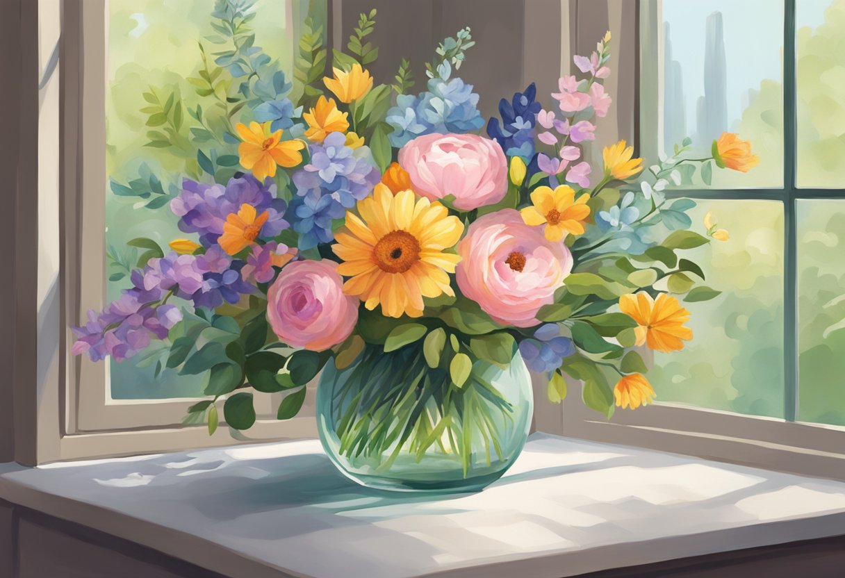 A colorful flower bouquet sits in a clear glass vase, surrounded by lush green foliage. The vibrant blooms range from delicate pastels to bold, rich hues, creating a stunning display