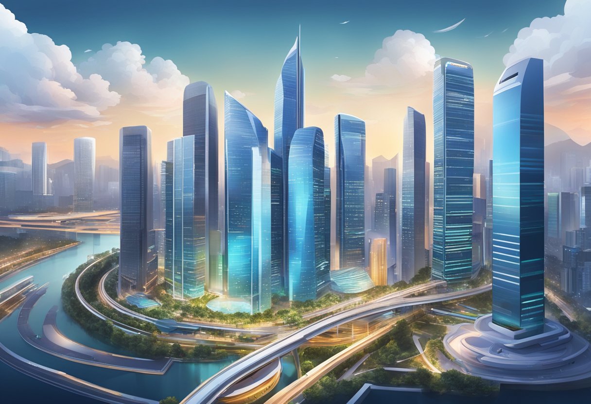 A bustling cityscape with modern skyscrapers and futuristic technology, showcasing the innovative and cutting-edge advancements of GovTech Singapore