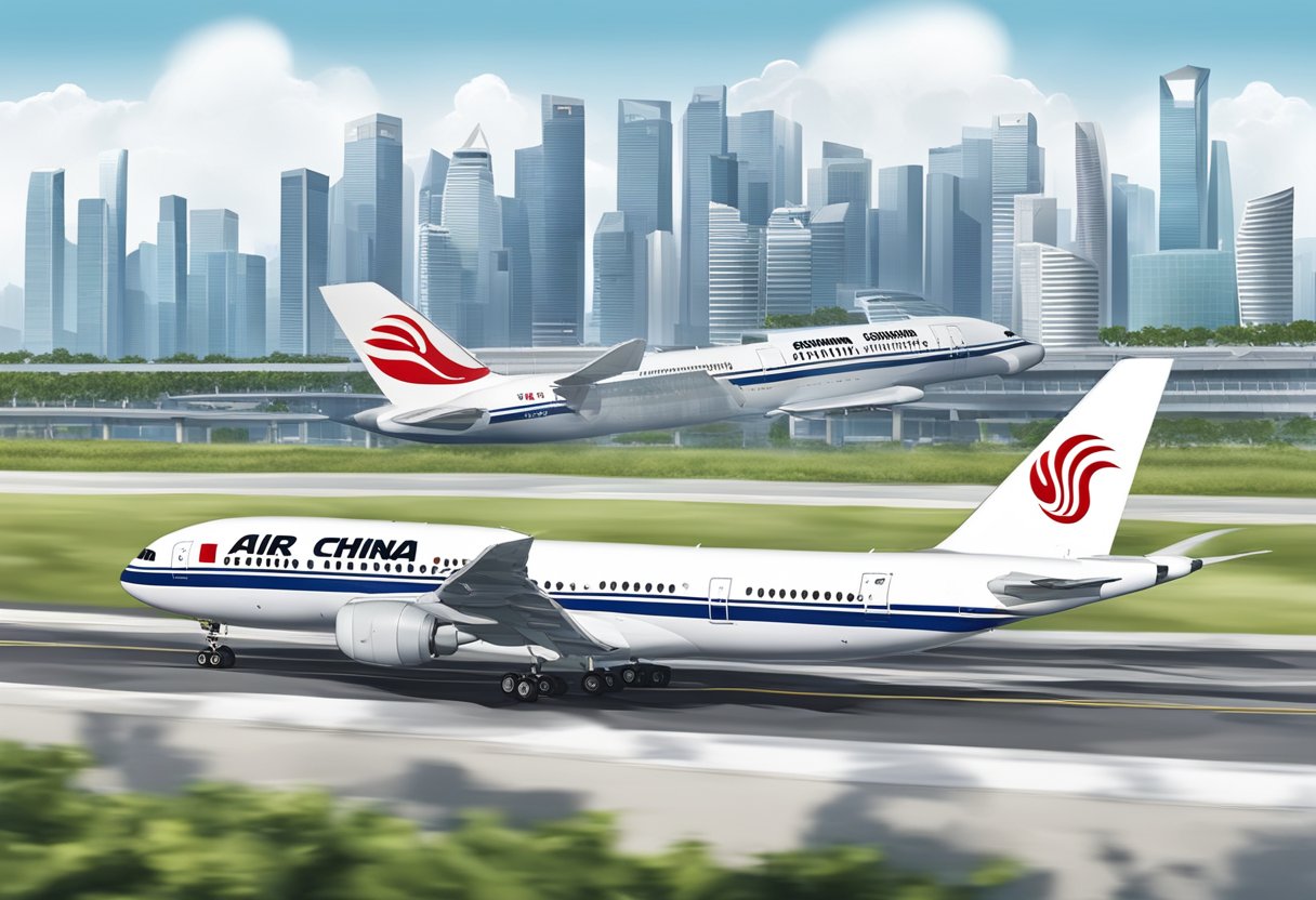 Air China plane landing at Singapore airport, with the iconic skyline in the background and the Singapore flag waving in the wind