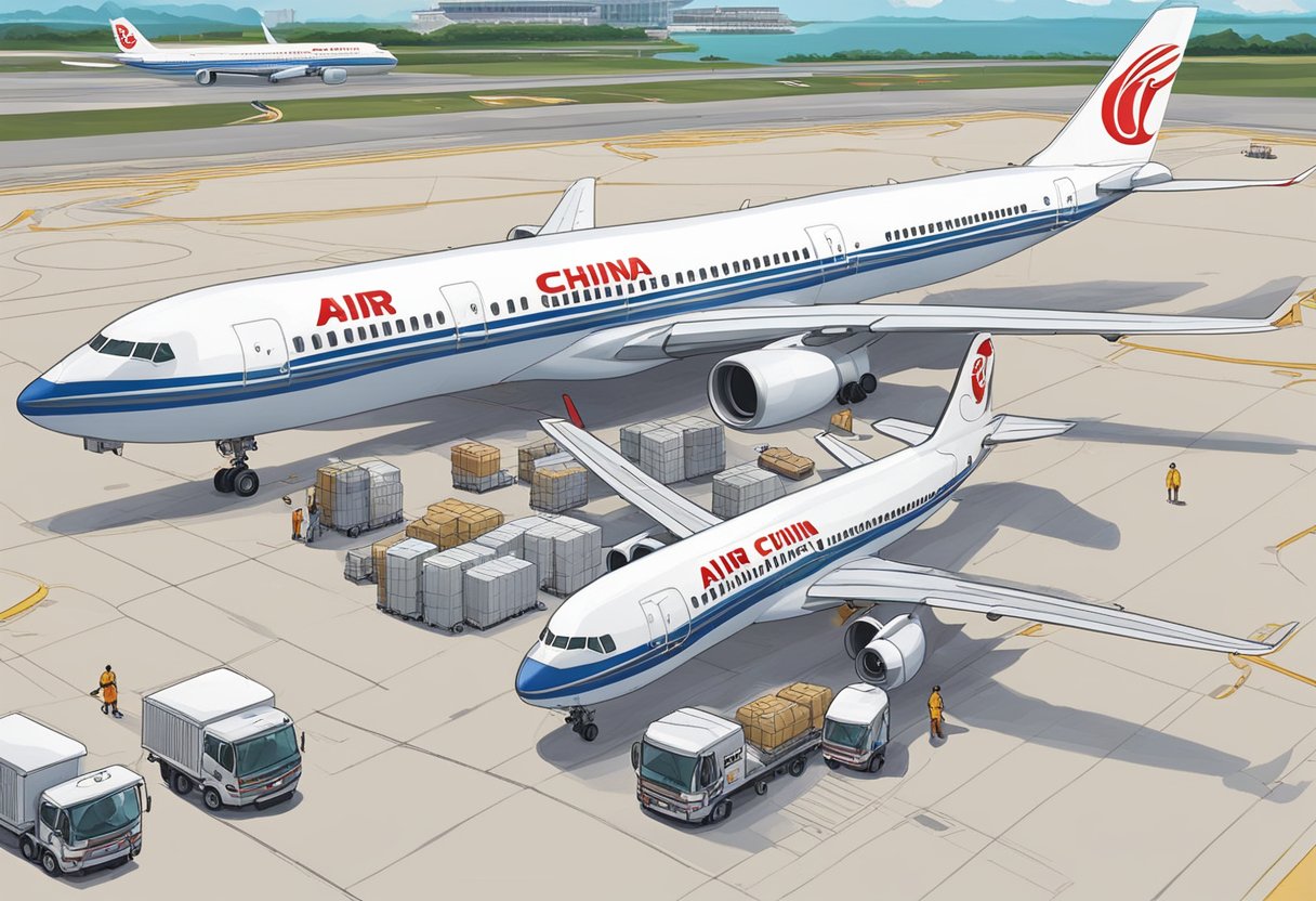 Air China's planes parked at Changi Airport, with ground crew loading cargo and passengers boarding. The iconic red and white logo prominently displayed on the aircraft