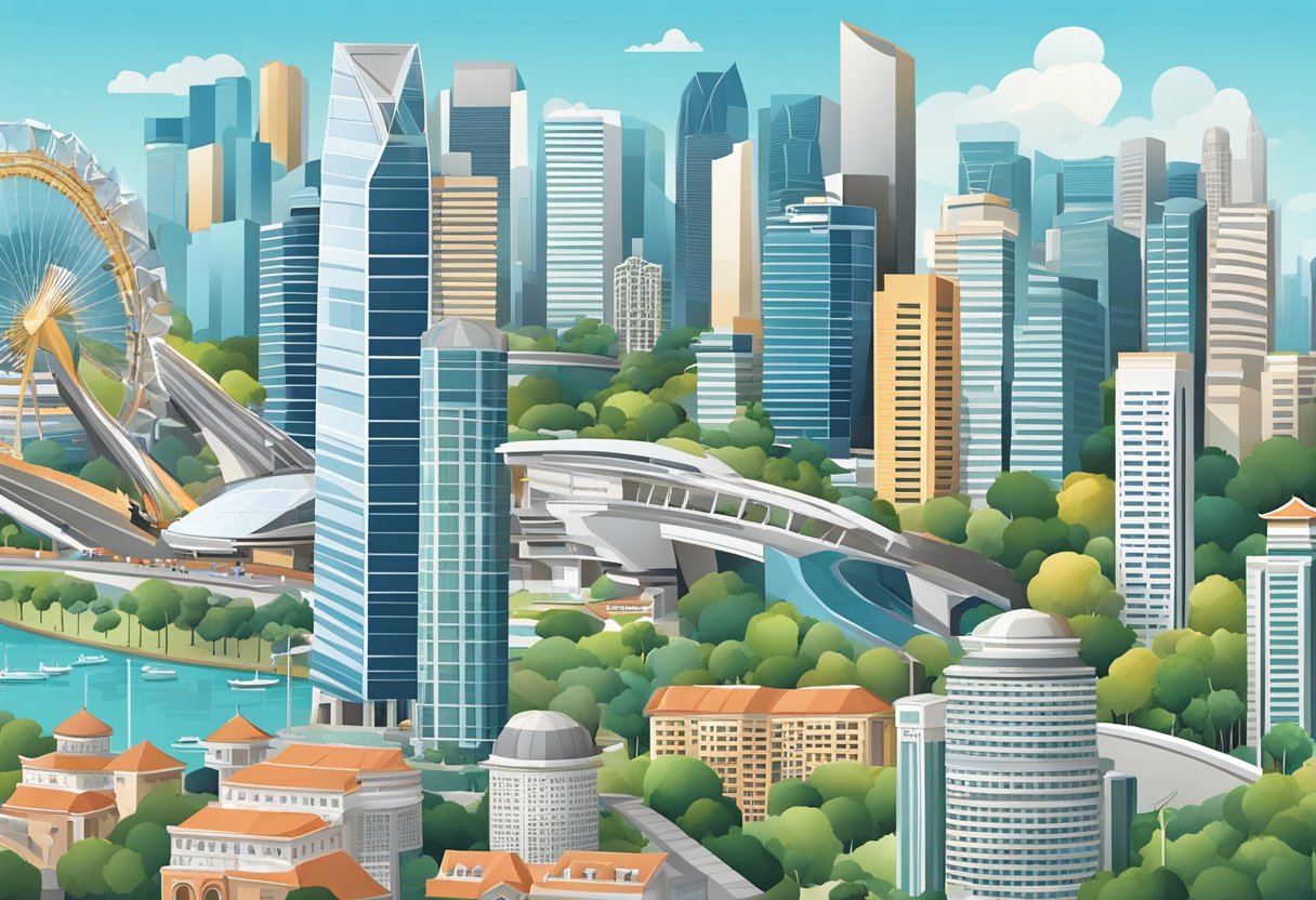 A bustling cityscape with iconic landmarks and modern architecture in Singapore