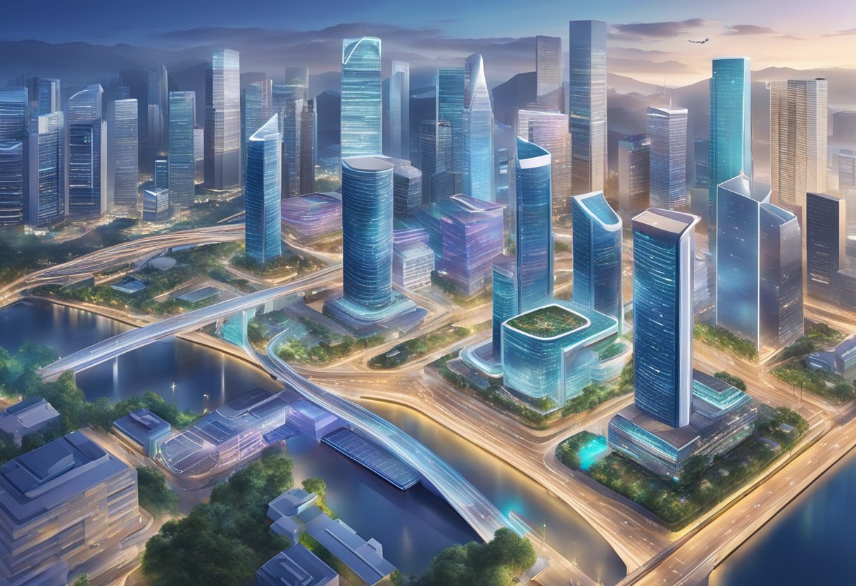 GovTech's presence in Singapore's digital landscape is depicted through a futuristic cityscape with interconnected smart infrastructure and advanced technology