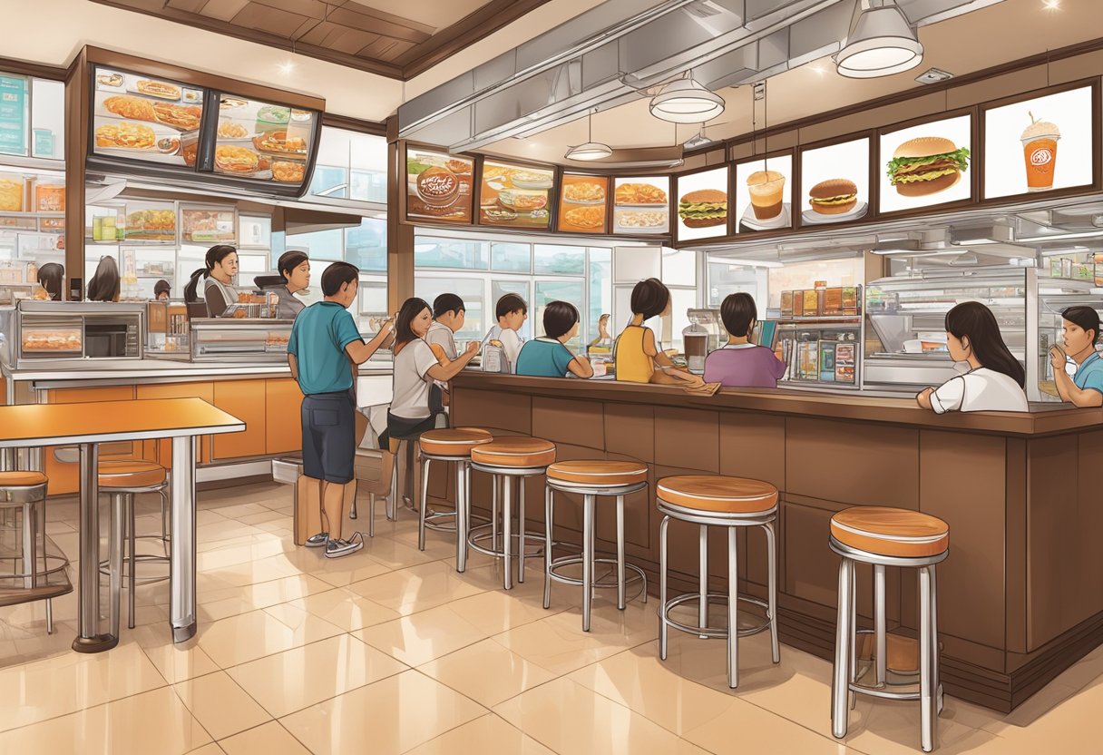 A&W Singapore's bustling restaurant with customers ordering at the counter, staff serving food, and the iconic root beer float on display
