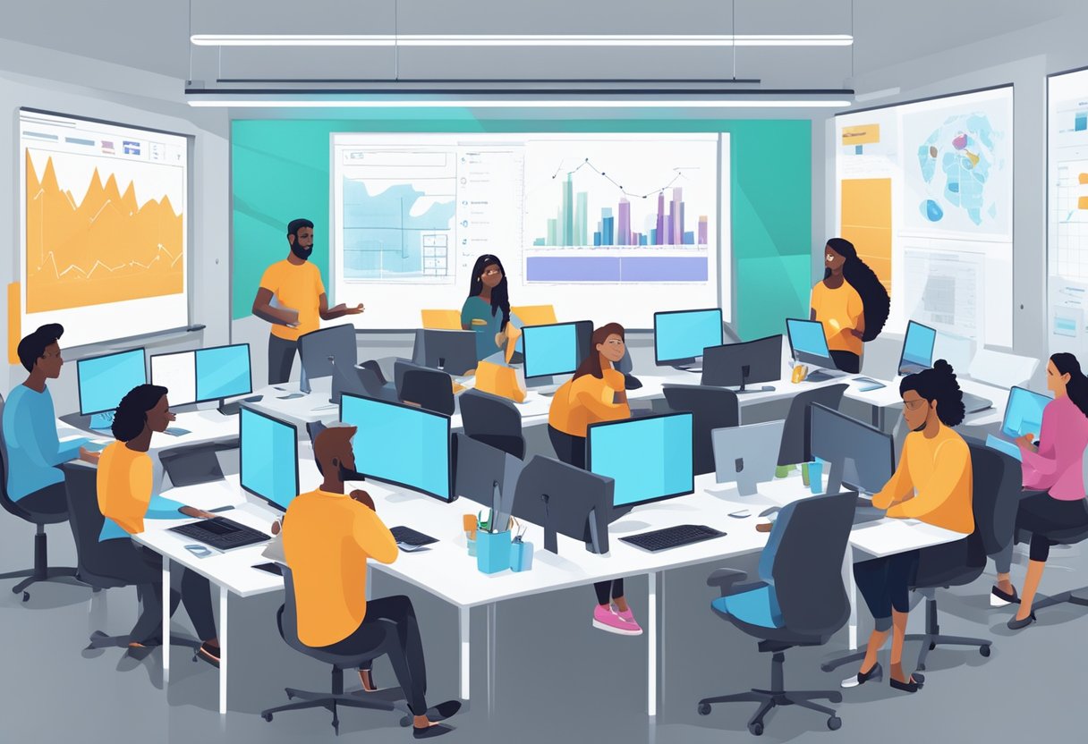 A diverse team of tech professionals brainstorming and coding in a modern office space, surrounded by whiteboards and digital screens