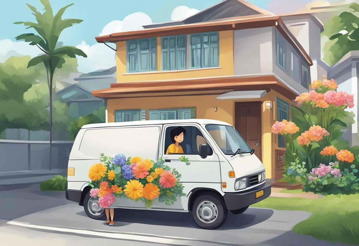 A delivery van parked outside a Singaporean home, with a colorful flower bouquet being handed over to a smiling recipient