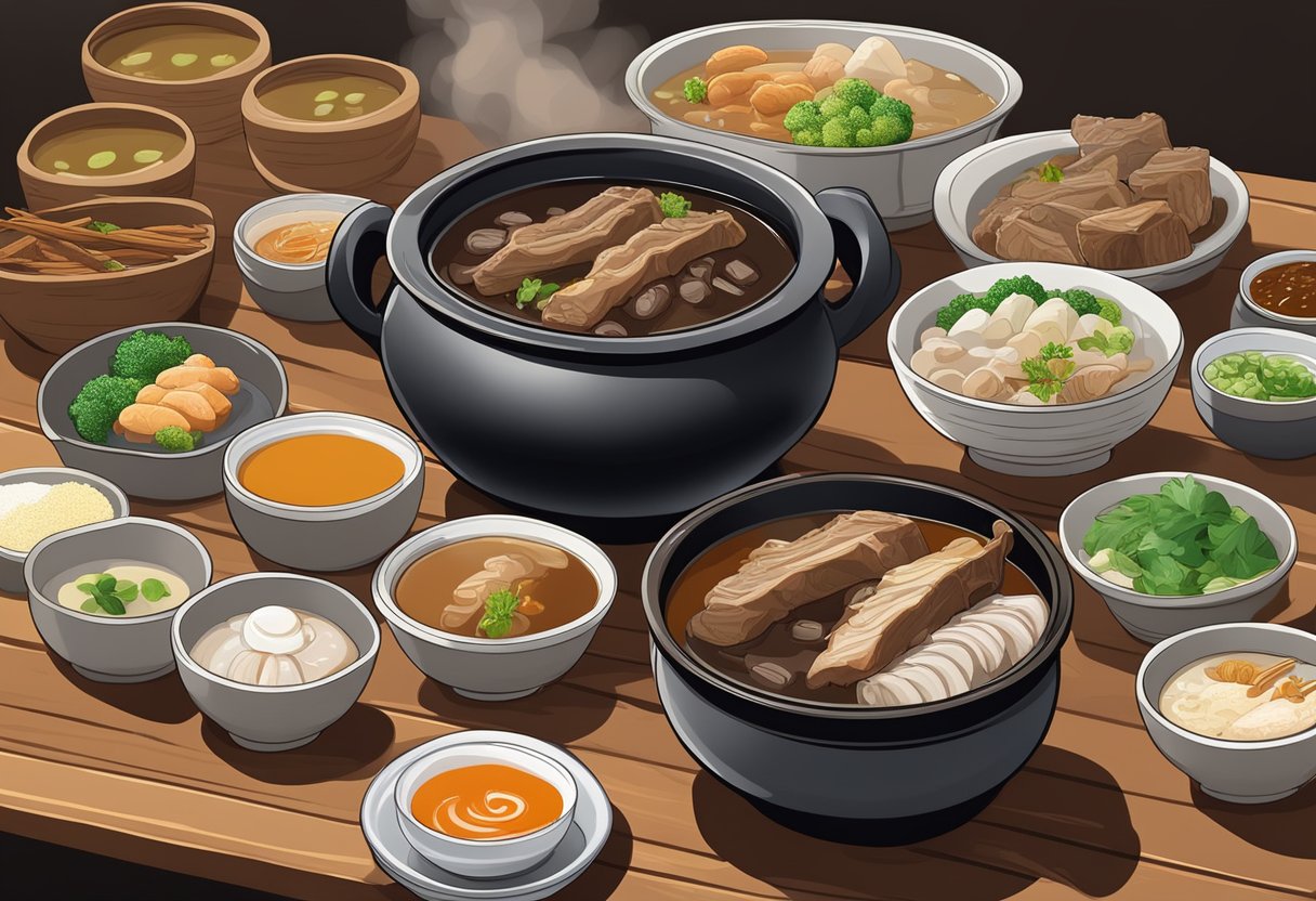 A steaming clay pot of bak kut teh sits on a wooden table, surrounded by bowls of fragrant broth, tender pork ribs, and various condiments