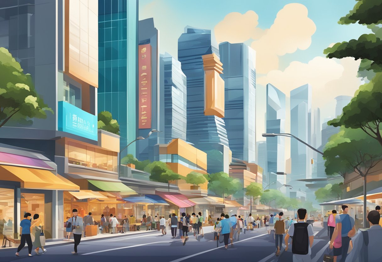 A bustling Singapore street with modern buildings and vibrant signage, showcasing innovative customer experience