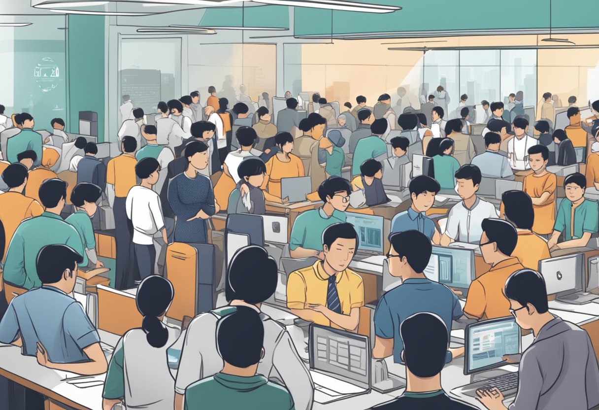 A crowded room with people lining up at a help desk. A sign above reads "Frequently Asked Questions govtech singapore."