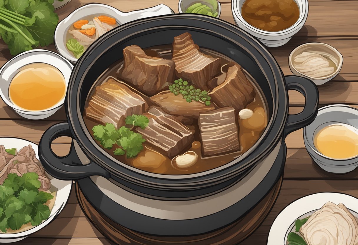 A steaming clay pot of Bak Kut Teh, filled with tender pork ribs and fragrant herbal broth, sits on a rustic wooden table in a bustling Singaporean hawker center