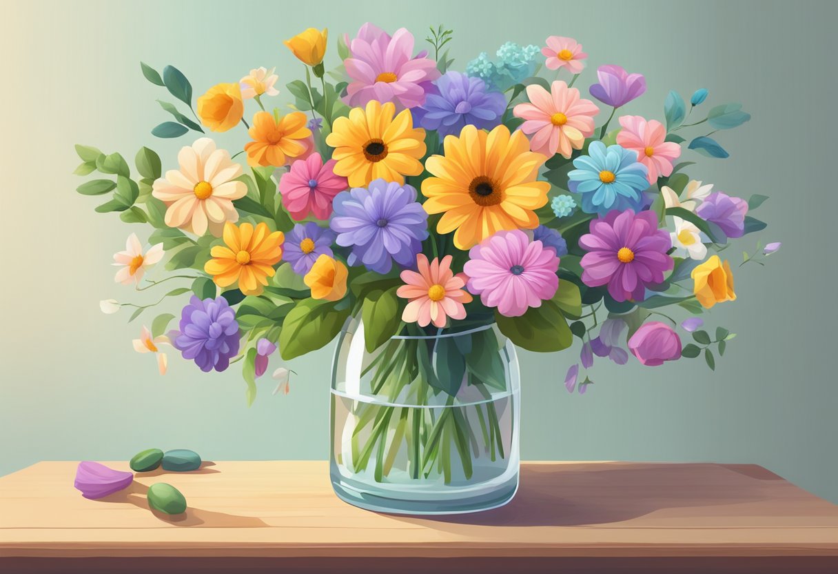 A colorful bouquet of fresh flowers arranged in a clear glass vase, with a "Frequently Asked Questions" sign placed next to it