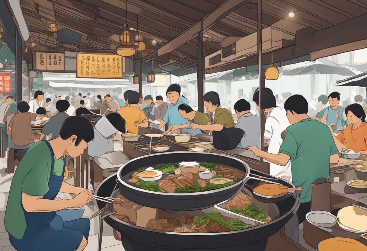 A bustling hawker center with steaming pots of herbal soup, sizzling pork ribs, and diners enjoying the aromatic bak kut teh in Singapore