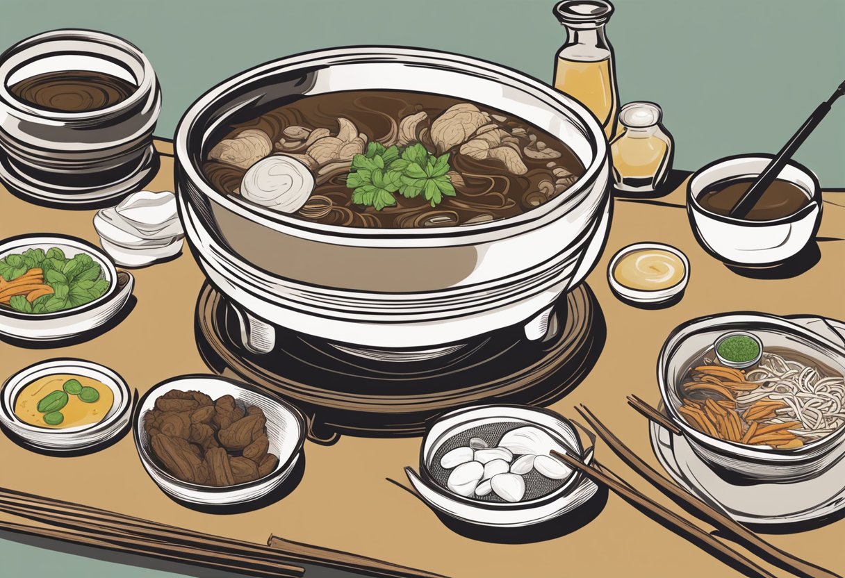 A steaming bowl of bak kut teh sits on a table, surrounded by small dishes of condiments. A pair of chopsticks rests on the side, ready to be used