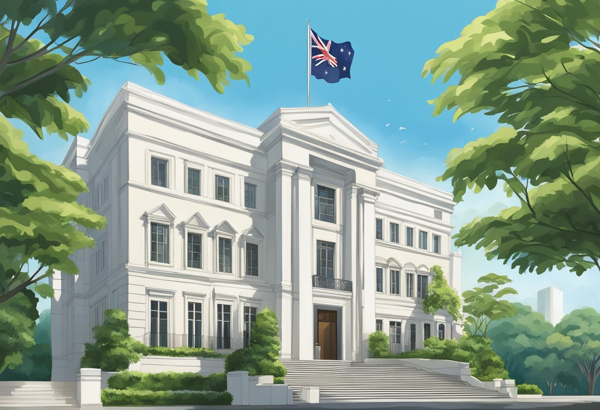 The Australian flag flies proudly outside the modern embassy building in Singapore, surrounded by lush greenery and a clear blue sky