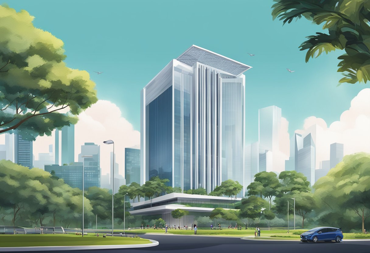 The Australian embassy in Singapore stands tall with a modern design, surrounded by lush greenery and the city skyline in the background