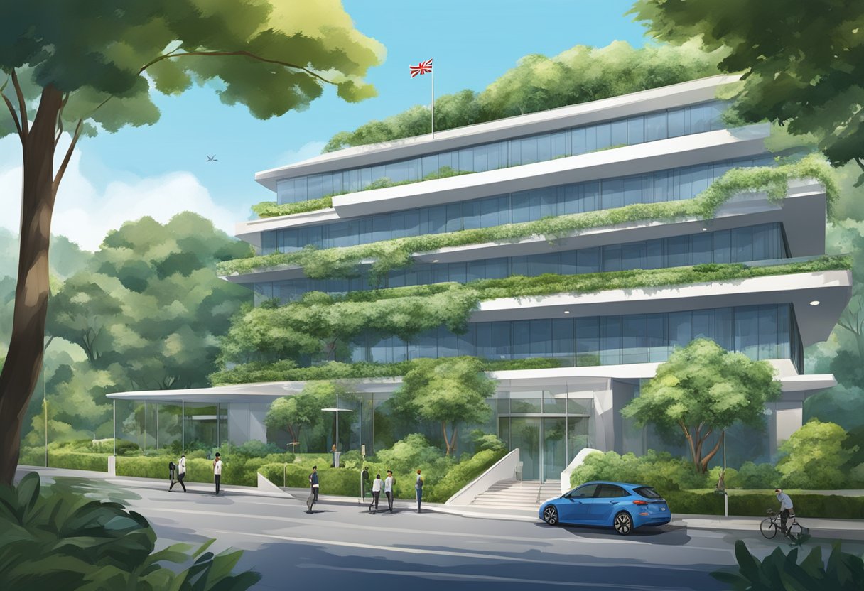 The Australian embassy in Singapore with a prominent sign and flag, surrounded by lush greenery and a clear blue sky