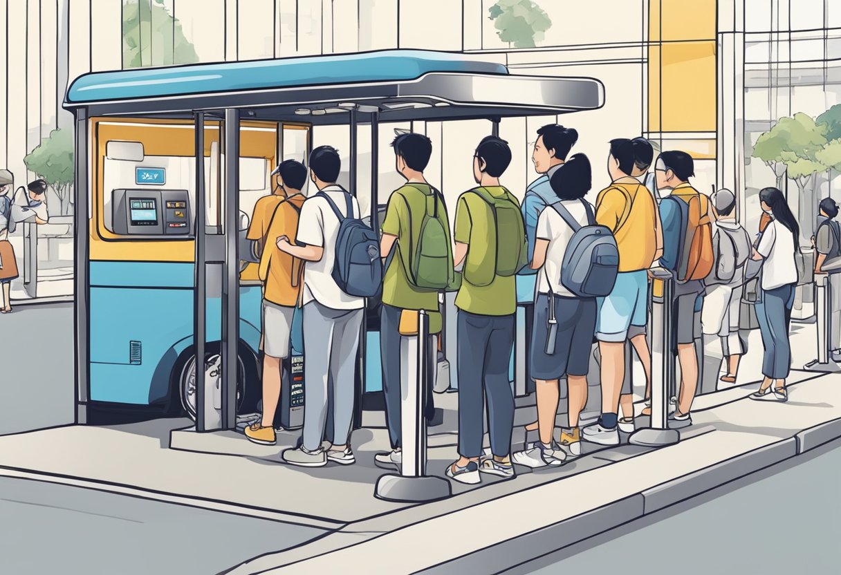 People lining up at a bus stop in Singapore, inserting coins into the fare machine. The bus pulling up, ready to depart