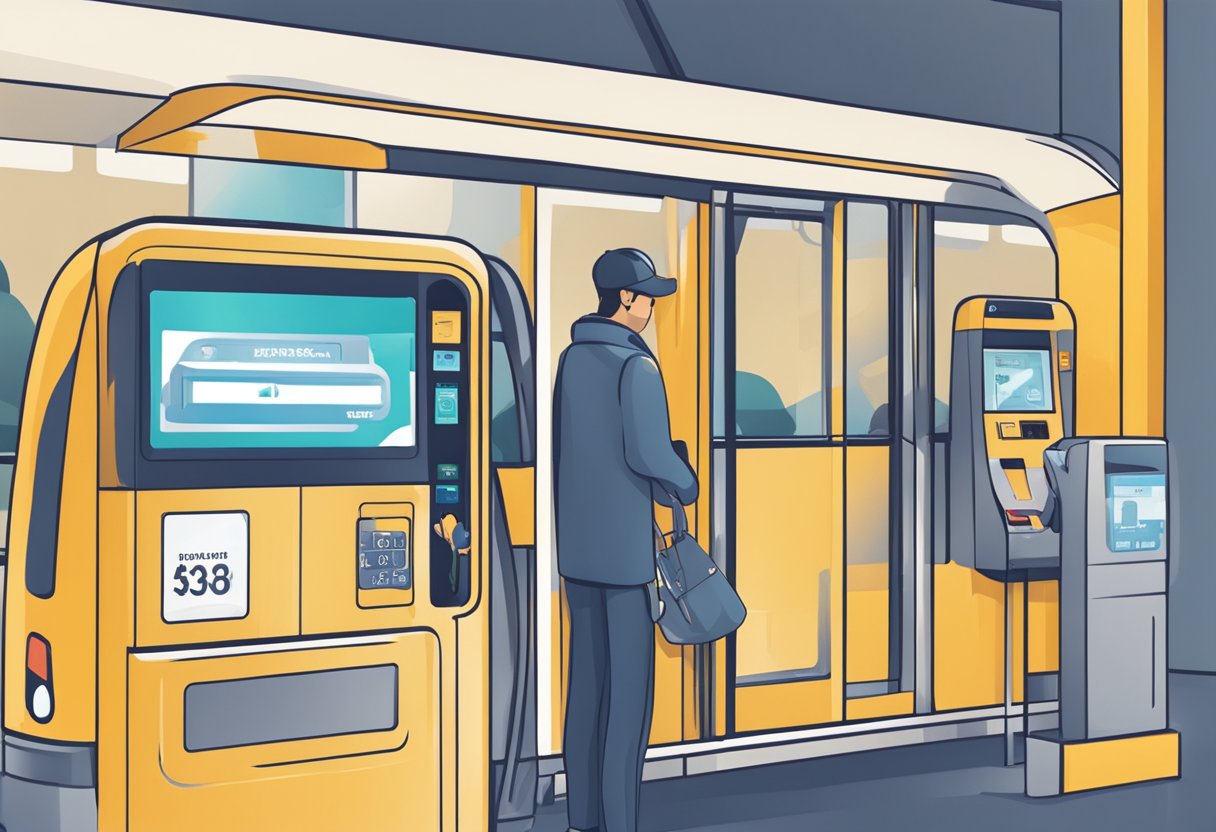 Passenger inserting coins into bus fare machine, while another taps their contactless card. Fare display shows amount deducted