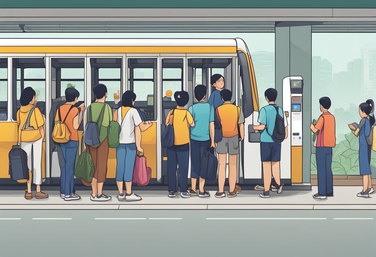 Passengers lining up at a bus stop, inserting coins into the fare machine, and boarding the bus in Singapore