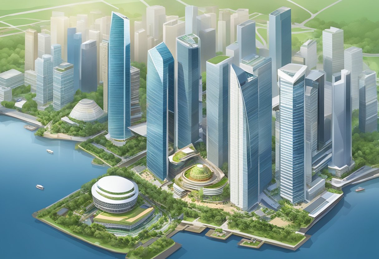 Aerial view of Suntec City, Singapore. Tall buildings, bustling streets, and a mix of modern and traditional architecture
