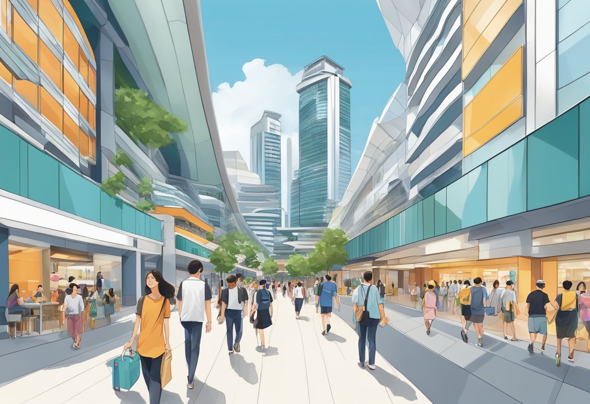 People strolling through Suntec City, surrounded by modern architecture and bustling shops