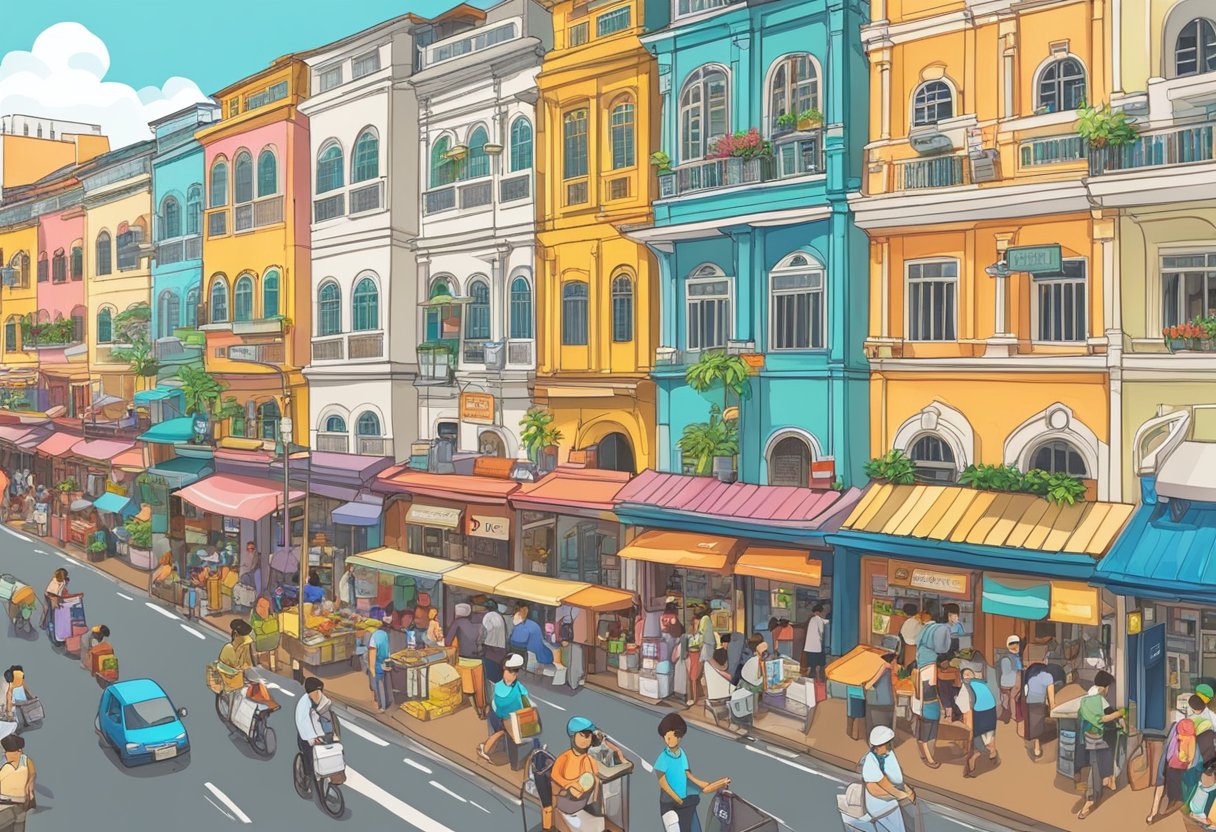 A bustling street in Singapore, with colorful buildings and vibrant signs, filled with people going about their daily activities
