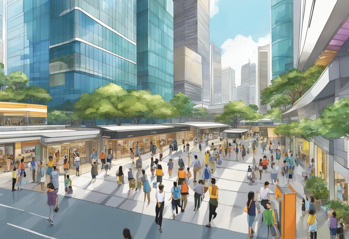 A bustling street scene outside the Visitor Information center at Suntec City, Singapore. Tall buildings and busy pedestrians create a lively urban atmosphere