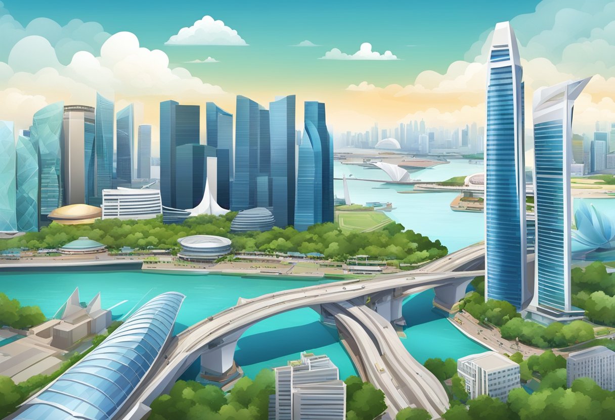 Aerial view of Singapore skyline with iconic landmarks and modern architecture