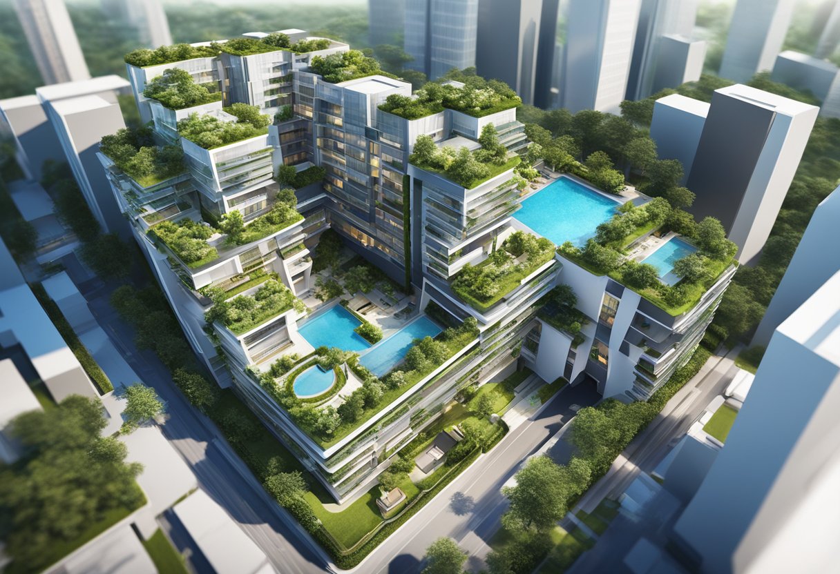 A modern condo in Singapore, with a sleek exterior and lush greenery, overlooking the city skyline and surrounded by amenities