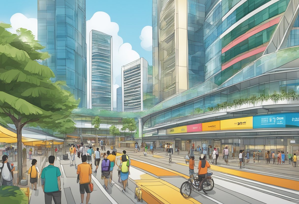 A bustling street in Singapore's Suntec City, with the prominent building of "Frequently Asked Questions 3" at 3 Temasek Blvd