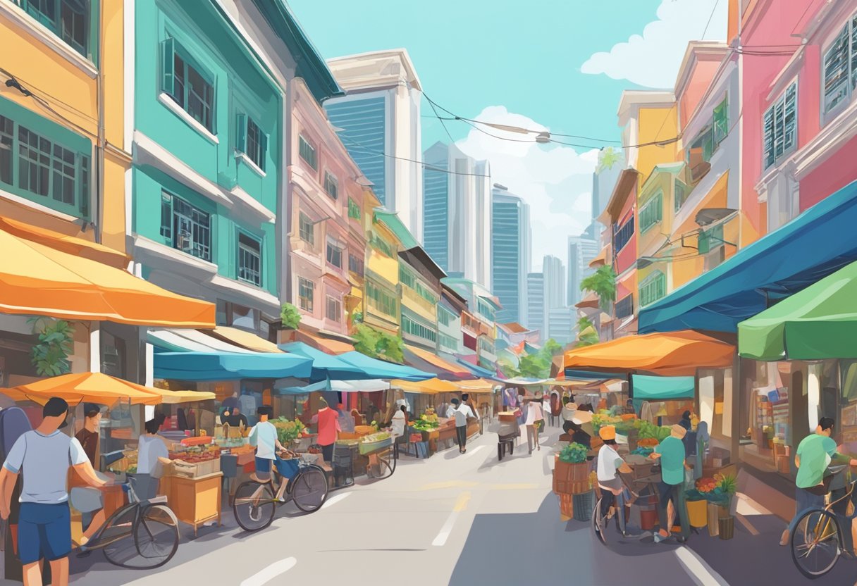 A bustling Singapore street with colorful buildings and bustling markets