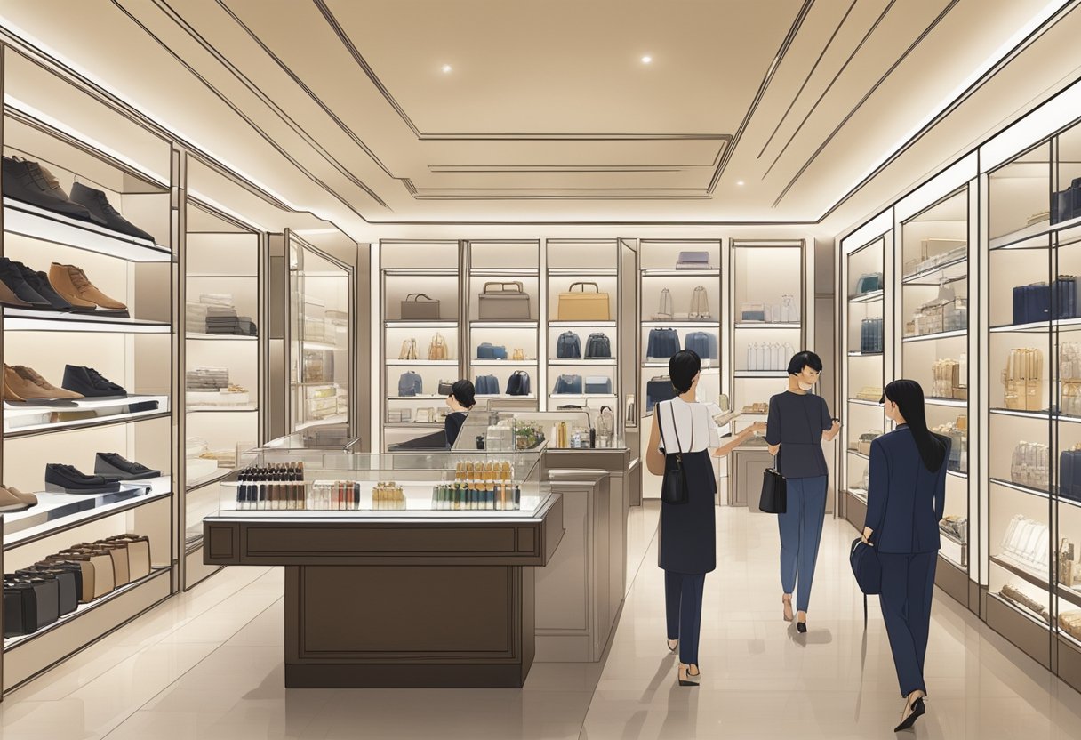 Customers browse shelves of luxury goods at Akemi Singapore, while attentive staff assist with selections and elegant displays create a sophisticated ambiance