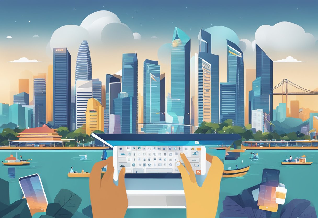 People engaging with 'Ask Singapore' platform, typing on devices, with the iconic Singapore skyline in the background