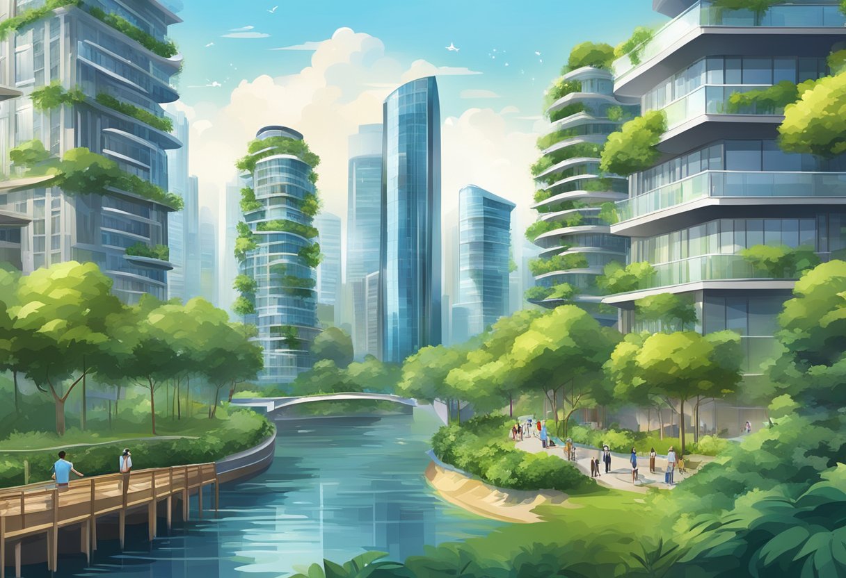 A bustling city skyline with modern high-rise condominium buildings, surrounded by lush greenery and sparkling waterways