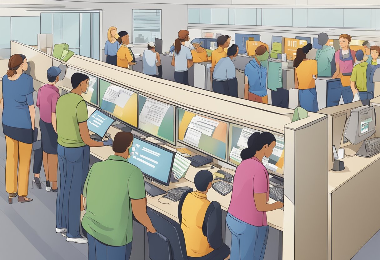 A busy customer service desk with people waiting in line, signage displaying "Frequently Asked Questions," and a staff member assisting a customer