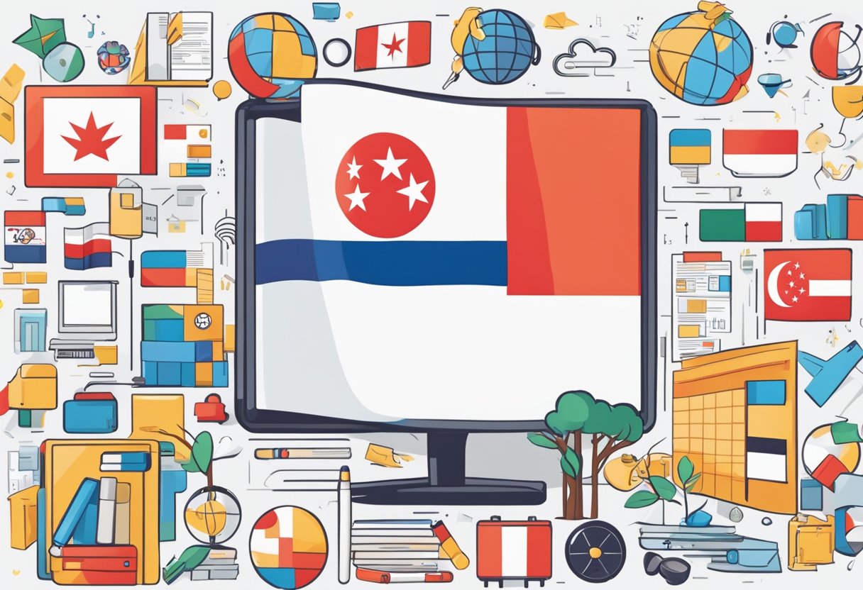 Singaporean flag waving in the wind, surrounded by diverse symbols of education, technology, and career advancement