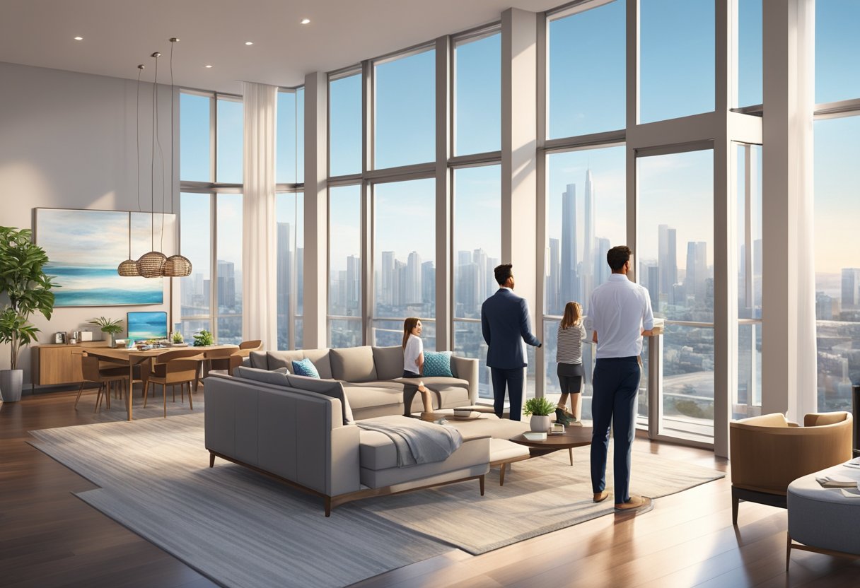 Potential buyers viewing a modern condo with sleek interiors and panoramic city views. A real estate agent guides them through the spacious living areas and amenities