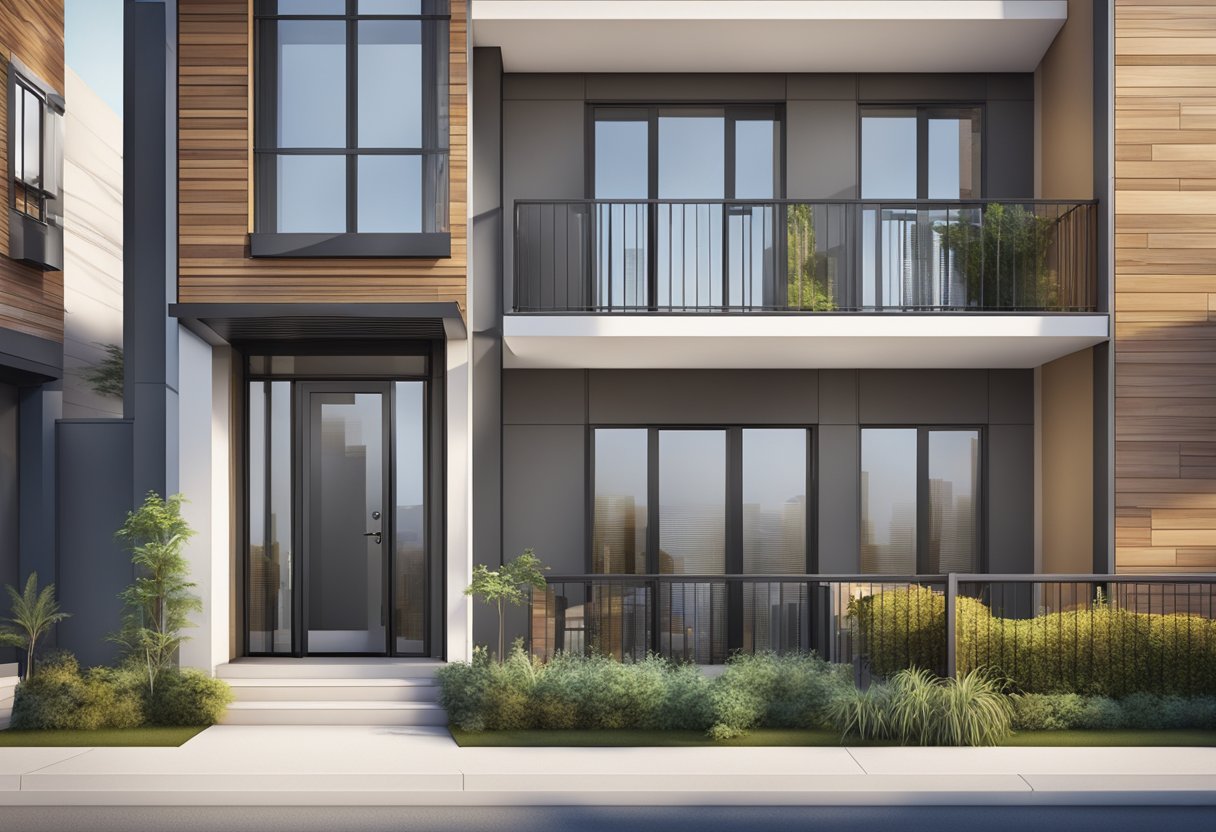 A modern condo exterior with a prominent "Frequently Asked Questions" sign and a sleek, inviting entrance