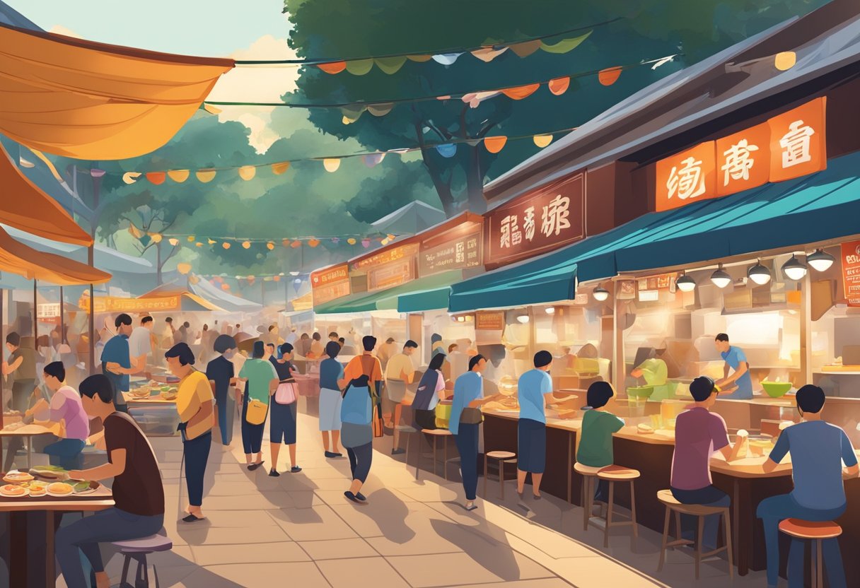 A bustling hawker center in Singapore, with colorful food stalls, steaming woks, and vibrant signage. The air is filled with the aroma of sizzling noodles and spices